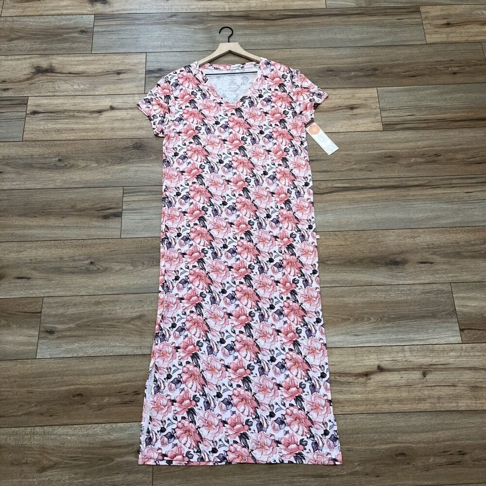 Posh Peanut Maxi Dress SZ Large Pink Floral Side Slit Stretch Bamboo Comfort